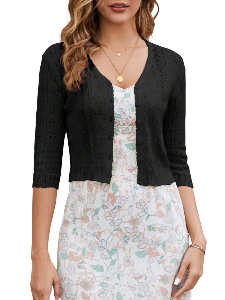 Women's Bolero Shrug 3/4 Sleeve Cropped Cardigan Knit Sweaters Open Front Spring And Summer Casual Elegant Jacket For Dresses - 黑色 - 查看 1