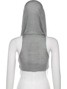 Women Knitted Hoodie Sweater Vest Sleeveless Hollow Out Hooded Crop Top Streetwear Rave Oufit - 淺灰色 - 查看 4
