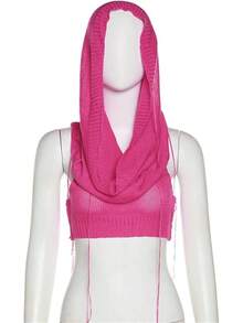 Women Knitted Hoodie Sweater Vest Sleeveless Hollow Out Hooded Crop Top Streetwear Rave Oufit - 玫紅色 - 查看 4