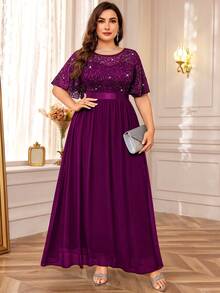 加亮片花卉蕾丝蝴蝶袖雪纺褶边晚会长裙，婚礼宾客礼服，适合生日、舞会、晚宴、节日