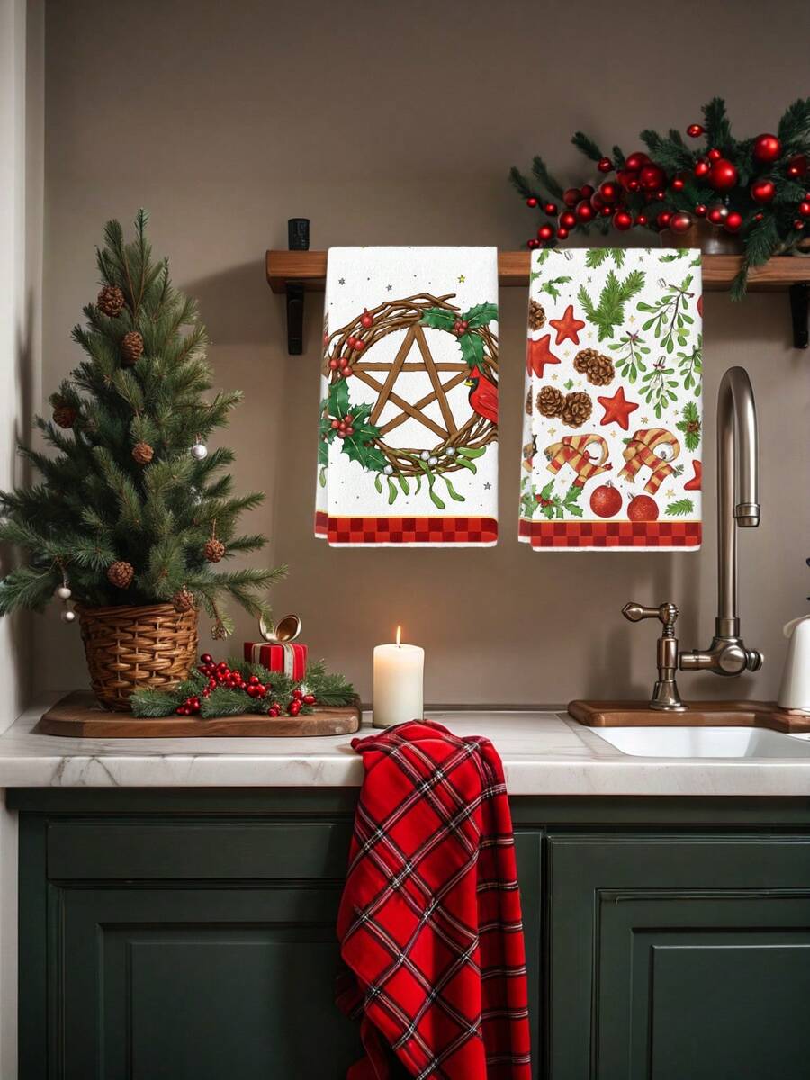 2 buc acuarelă Crăciun pitic roșu și alb camion brad de Crăciun auriu și argintiu fulgi de zăpadă om de zăpadă care ține cadouri Moș Crăciun globuri de Crăciun conuri de pin model Poinsettia prosoape de bucătărie decorațiuni pentru petreceri de Crăciun prosoape de bucătărie prosoape de bucătărie prosoape de mână prosoape de bucătărie prosoape de bucătărie pentru uscare potrivite pentru bucătărie restaurant masă