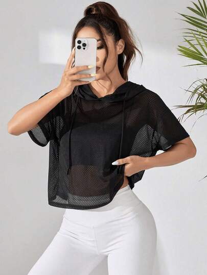 1 件纯色网眼抽绳镂空运动 T 恤，连帽运动衫，适合度假、日常穿着、旅行、运动健身、所有季节