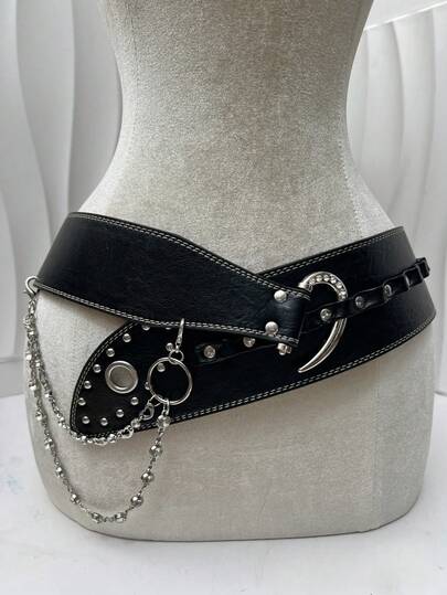 1pc Solid Color Punk Street PU Leather Heavy Rivet Curved Hook Rhinestone Chain Belt, Y2K American Baddie Fashion Punk Retro Style Waist Belt For Women, Versatile For Skirts And Pants