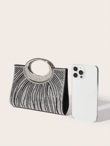 AIBBYDAR Women's Evening Bag, Black Fashion Ladies Handbag With Artificial Diamond Decor, Ring Handle, Suitable For Evening Dress, Portable Cosmetic Bag & Wallet, Detachable Metal Shoulder Strap, For Party, Wedding, Lightweight Polyester, Magnetic Closure - Black - View 5