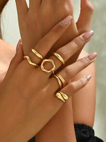 10pcs/Set Geometric Curve Rings, Hinged Rings, Exaggerated Open Rings, Unique Jewelry Design, Suitable For Women's Daily Wear - 10 Rings - View 6