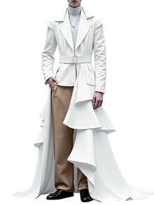 INCERUN Fashion Mens Lapel Neck Long Sleeve Ruffles Hem Blazer Casual Party Cardigan Belted Long Jacket Coat - trắng - Xem 3