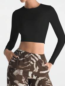 XLLAIS Small Round Neck Long Sleeve Fitted T Shirt Elastic Double Layer Crop Women Tops Fall Winter Clothes - Black - View 2