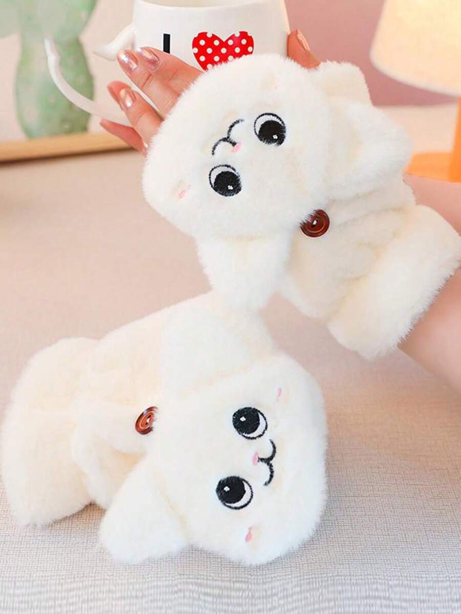 1 双卡通可爱休闲街头派对涤纶刺绣露指兔毛手套，温暖厚手套女士冬季派对、约会、学生1 双卡通可爱休闲街头派对涤纶刺绣露指兔毛手套，温暖厚手套女士冬季派对、约会、学生 - Flap Mittens - 查看 1