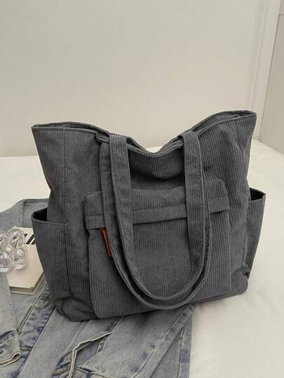 女士简约纯色灯芯绒手提包，大容量休闲户外度假旅行单肩包，轻便多功能购物杂货收纳手提包，便携式多口袋通勤包，适合日常办公