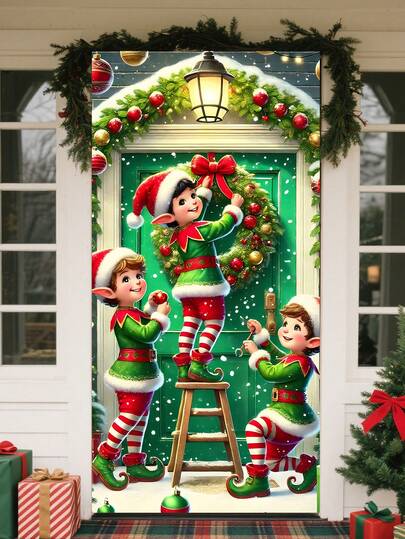 2D 门横幅，圣诞精灵花环门罩，带 3 个欢快精灵装饰花环 - 耐用聚酯纤维节日装饰，适用于入口、房间、派对和活动 - 无需电力，易于悬挂，圣诞精灵户外装饰，节日房间装饰，异想天开的节日设计，易悬挂设计，派对装饰，易悬挂装饰，家居装饰