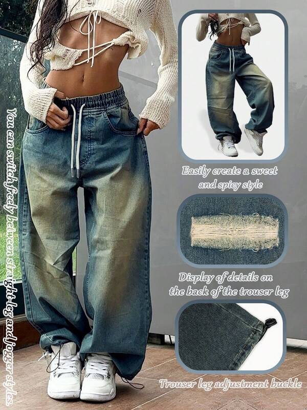 Women's Loose Wide Leg Jeans, Casual Non-Stretch With Drawstring Pockets And Adjustable Hem
