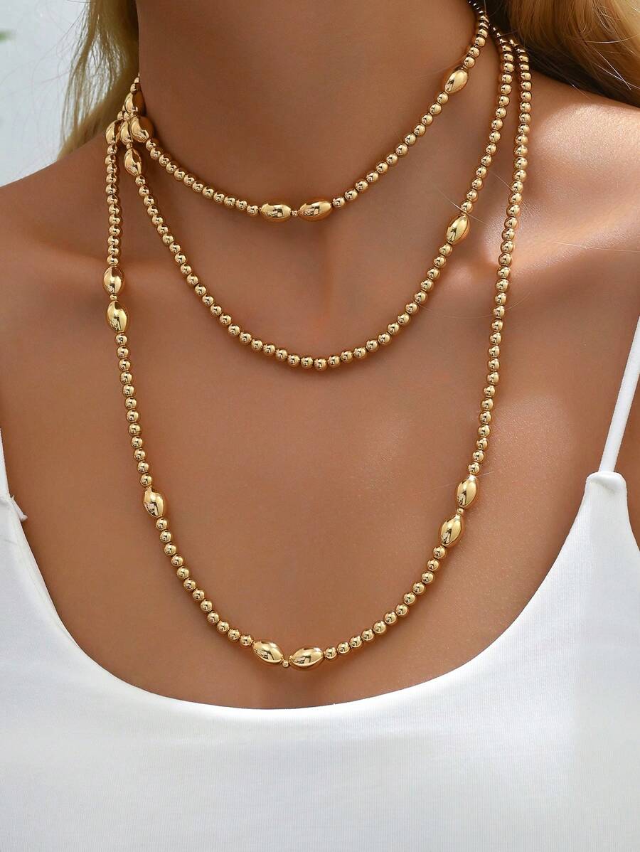 1pc Autumn/Winter New Middle Eastern Style Beaded Necklace, Fashionable & Elegant Exaggerated Metallic Geometric Shapes, Golden Round & Oval Beads Long Sweater Chain, Wrap Around Multi-Layer, Versatile For Daily, Street Style, Holidays, Gift For Friends