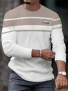 男士休闲长袖T恤 - 秋冬季轻薄弹力涤纶混纺圆领T恤，可机洗，双色设计，饰有品牌标志，轻盈透气，适合作为礼物送给朋友 - 彩色 - 查看 2