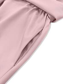 女士纯色长袖翻领腰带口袋优雅连衣裙，适合通勤、办公、度假——优雅派对礼服，女士情人节服装 - 粉色 - 查看 4