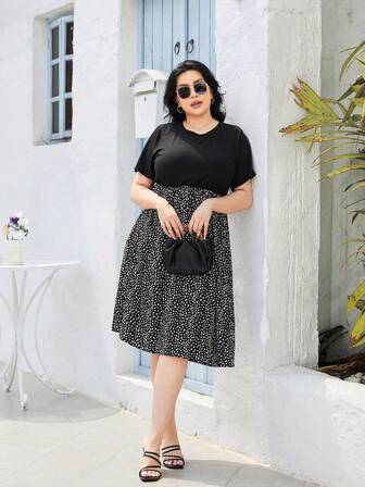 Große Größen Patchwork Rundhals Drop Shoulder Kurzarm Loose Kleid