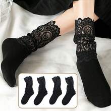 1 par de calcetines hasta la mitad de la pantorrilla de unicolor con bordado de flores y diseño calado para mujer - Negro - Ver 15