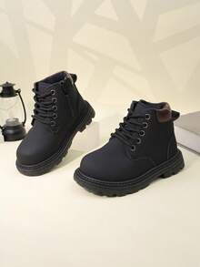 1 Pair Black Toddler/Kids Short Boots, Soft Suede PU Material, Front Lace-Up, Side Zipper, Round Toe, Soft Sole, Retro British Style, Warm & Cute, Suitable For Boys & Girls Everyday/School Wear, Autumn/Winter New - Black - View 4