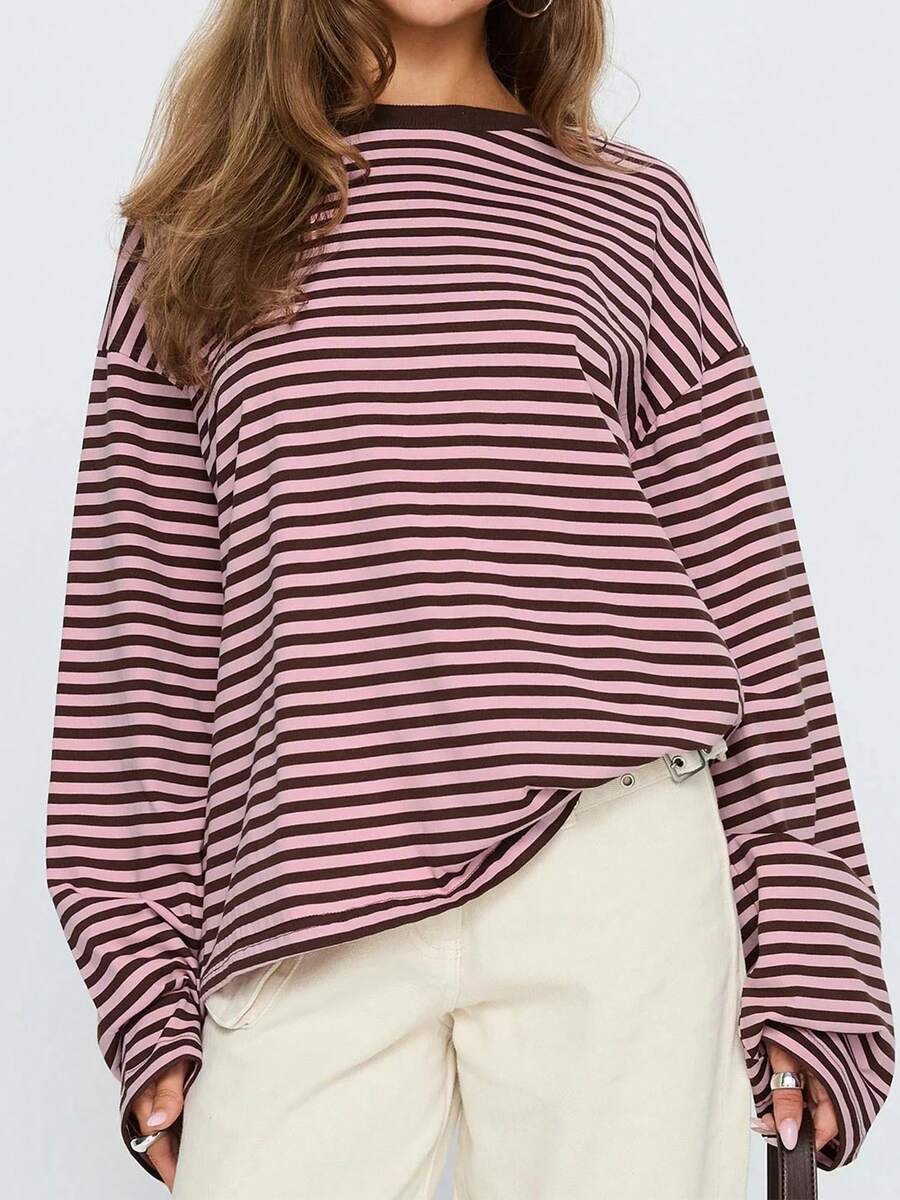 Womens Oversized Striped Sweatshirt Crewneck Long Sleeve Pullover Top Casual Y2K Fall Clothes 2025 Workout Shirt - 粉色 - 查看 1