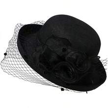 Elegant Church Fedora Hat Women Flower Fascinator Mesh Bucket Cap Party Wedding Bridal Derby Bowler Hat - màu đen - Xem 1