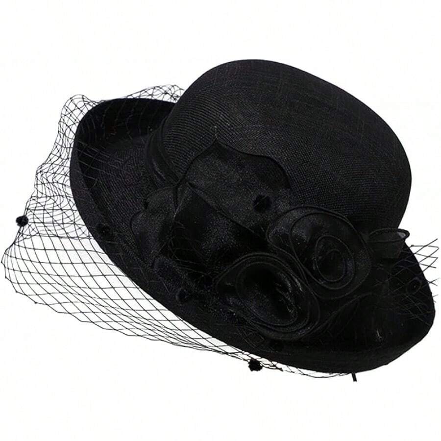 Elegant Church Fedora Hat Women Flower Fascinator Mesh Bucket Cap Party Wedding Bridal Derby Bowler Hat - màu đen - Xem 1