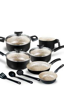 Cookware Set Casserole Set 9 Pieces Kit Nonstick Glass Lid Elegance With Cutlery - 因此冰川 - 查看 2