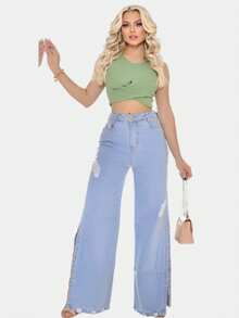 New Fashion Women's Premium Wide Leg Jeans With Ripped Details - Đá lửa - Xem 5