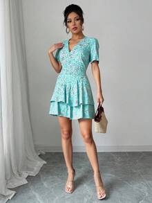 Vestido corto mujer estampado floral y plantas manga corta escote v verano casual día cordon ajustable bajo capas casual vacaciones primavera verano calle fiesta desayuno jardín calor - Azul - Ver 2