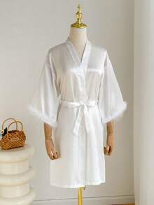 Belted Bathrobe With Alphabet Embroidery For Women, Luxury And Comfortable And Elegant Details For Autumn,Wedding Bathrobe, White Wedding Dress With Gold Embroidery, Nightwear,For Daily Wear, Comfortable And Elegant Details, For Autumn And Winter