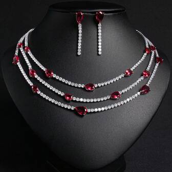 3pcs/Set Silver-Tone/Multi-Color Layered Chain, Cubic Zirconia Embellished Necklace Set, Earrings & Necklace Jewelry Set, Suitable For Women, Festivals, Parties, Banquets, Fashion Jewelry Gift Set