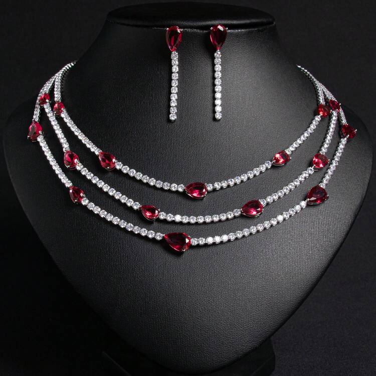 3pcs/Set Silver-Tone/Multi-Color Layered Chain, Cubic Zirconia Embellished Necklace Set, Earrings & Necklace Jewelry Set, Suitable For Women, Festivals, Parties, Banquets, Fashion Jewelry Gift Set - Jewelry Set - View 1