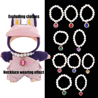 Fashion New Faux Pearl + Water Drop Rhinestone, Heart-Shaped Rhinestone Pendant Necklace, For LABUBU, Fashionable Accessories & Peripherals (Excluding Plush Doll, Only Accessories)