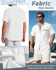 Men's Big And Tall Linen Shirts, Button Down Short Sleeve Summer Shirt Casual Cotton Beach Vacation Tops With Pockethalloween - 白色 - 查看 9