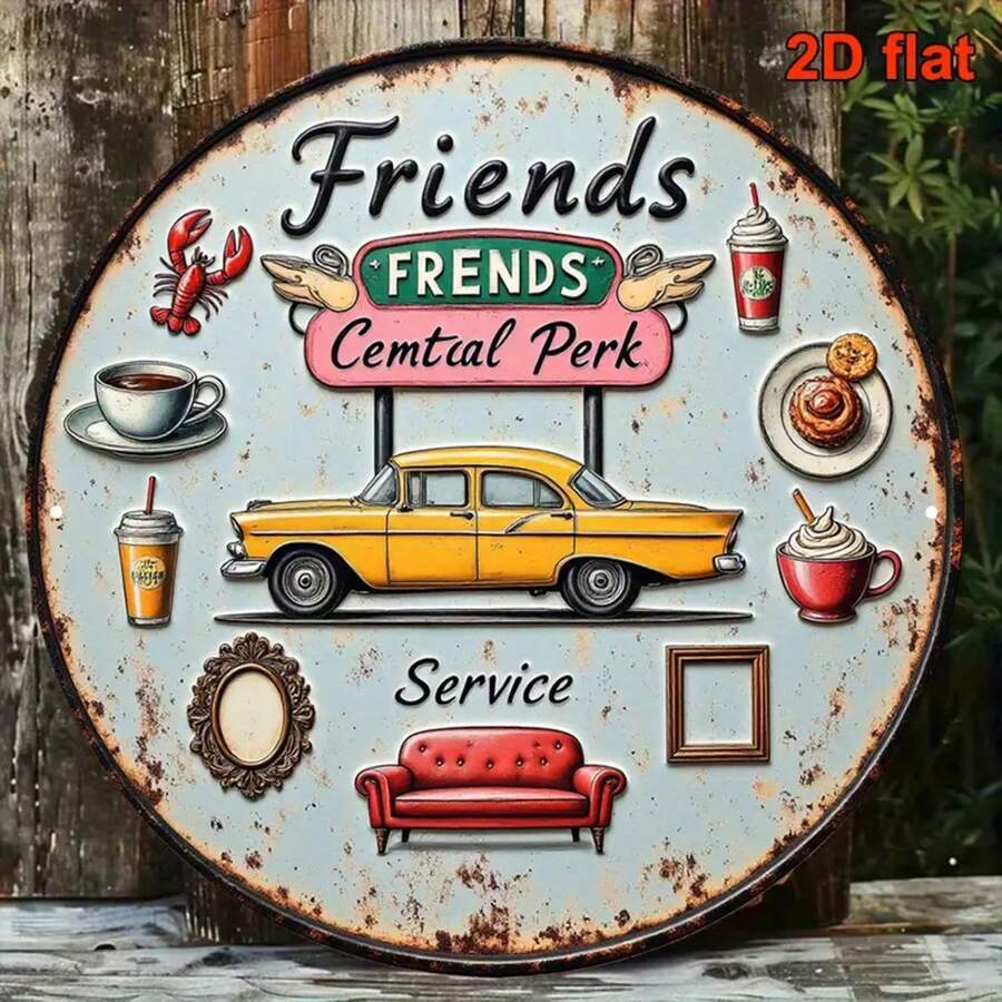 A 2D Flat 8*8inch Round Aluminum Sign Showcasing Retro Decoration Related To The TV Series "Friends" Café. It's A Classic Central Café Theme Decoration, Perfect For Decorating Living Rooms, Bedrooms, Kitchens, Restaurants, Bars, And Cafes. Wall Decoration With A Total Of 191 Characters For Room Decor,Christmas Decrotions>Table Runner,Christmas Decrotions>Table Runner,Birthday Decarations