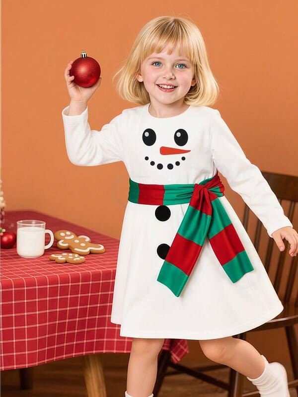 Girls Christmas Snowman Print Round Neck Long Sleeve Dress + Belt Decor Set, Autumn/Winter