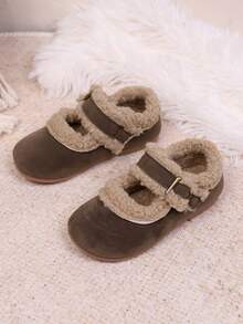 幼儿保暖毛绒魔术贴圆头平底套脚毛绒鞋，适合秋冬季穿着 - 棕色 - 查看 5