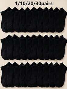 1/10/20/30 双男女通用黑色袜子隐形袜运动袜百搭简约透气柔软舒适时尚百搭袜子情侣款适合日常或户外休闲穿着