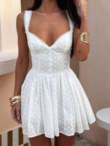 Women's Summer Mini Dress Stylish Solid Lace Trim Flower Embroidered Hollow Details Sleeveless V Neck A Line Dress - trắng - Xem 4