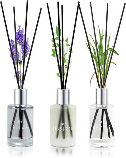 3 Pack Fragrance Reed Diffuser, 50ML Lavender Jasmine Lemongrass Aromatherapy Diffuser Set With 12 Black Fiber Sticks,Air Freshener For Bedroom Bathroom Office, 82X 66X 21 Inch