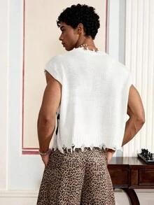 十字印花圆领磨边男士针织背心，街头风格 - 黑與白 - 查看 2