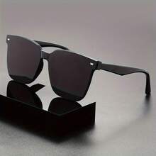 Men's Fashion Square Frame Glasses With Rivet Details For Daily Wear - C1 Black Frame Black Film - View 5
