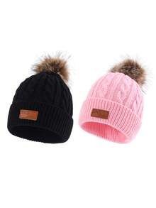 2 件 FAS 标志针织帽，男女通用，儿童保暖麻花针织帽 - 2pcs - 查看 12