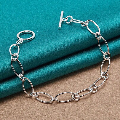 925 Silver Plated Oval Ring Chain Bracelet For Women Party Fashion Charm Jewelry