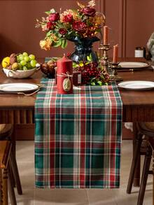 1pc Red & Green Plaid Printed Christmas Table Runner, Christmas Party Decor Table Runner, Suitable For Winter Christmas Party Gathering Home Table Decoration - Green - View 2
