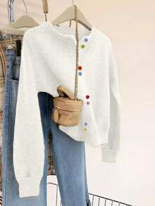 Cárdigan informal de manga larga con botones de colores, cuello redondo, para mujer de talla grande, para otoño e invierno