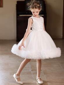 Girls' White Tulle Cake Dress Short Wedding Party Flower Girl Dress - White - View 3