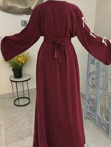 SuofeiMan Plus Size New Middle Eastern Fashion Simple Bow Abaya, Burgundy Solid Color Casual Soft Comfortable Robe & Includes Inner Lining, Belt, Suitable For Festivals, Daily Wear, 2 Pieces Set