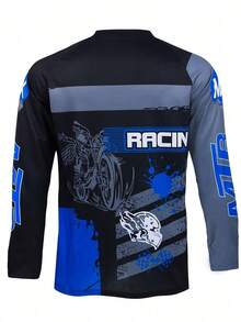 男式渐变图案长袖山地骑行服，适合骑行运动，蓝黑色，舒适透气 - 藍色 - 查看 4