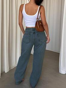 复古蓝色宽松阔腿牛仔裤，女款，新款春夏宽松直筒裤，适合春夏、度假、节日等休闲场合穿着。 - 中等水洗藍 - 查看 4