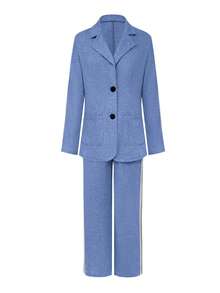 两件套女士舒适套装，翻领休闲条纹工作办公阔腿裤长袖上衣，时尚优雅的春季通勤装，休闲日常套装 - 藍色 - 查看 2