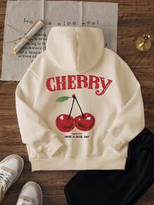 一件少女樱桃印花套头卫衣，休闲宽松版型，保暖内衬，适合学生和年轻人，秋冬季穿着。 - 杏色 - 查看 2